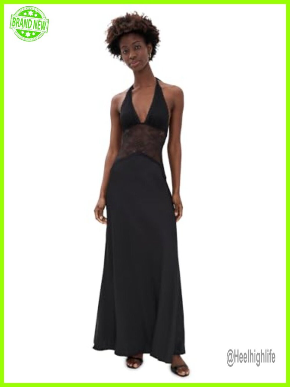 Halter Maxi Dress Stretch Charmeuse Lace Trim Formal Party